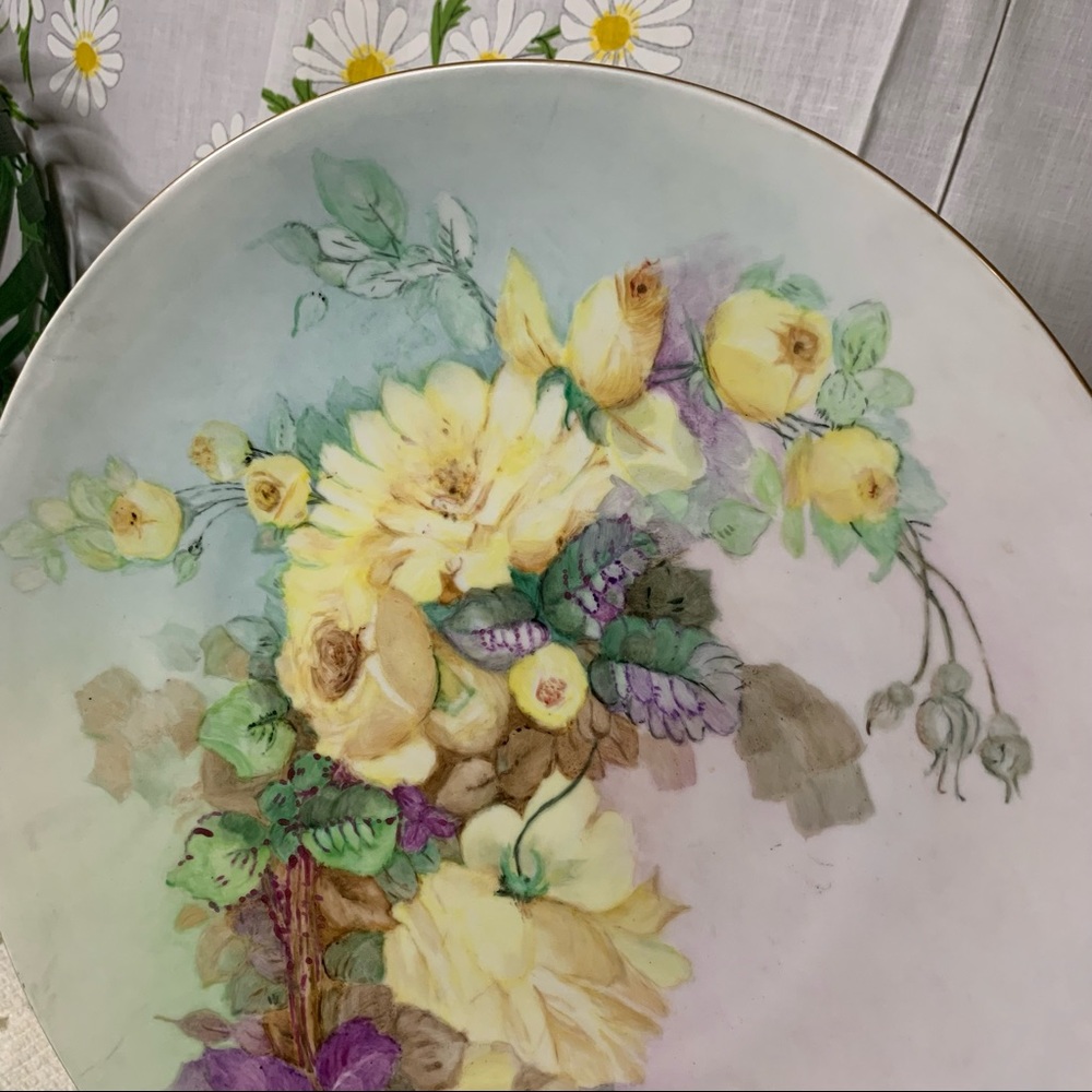 Antique hand painted Bavaria Germany yellow rose gold trim wall art plate - Picture 3 of 6